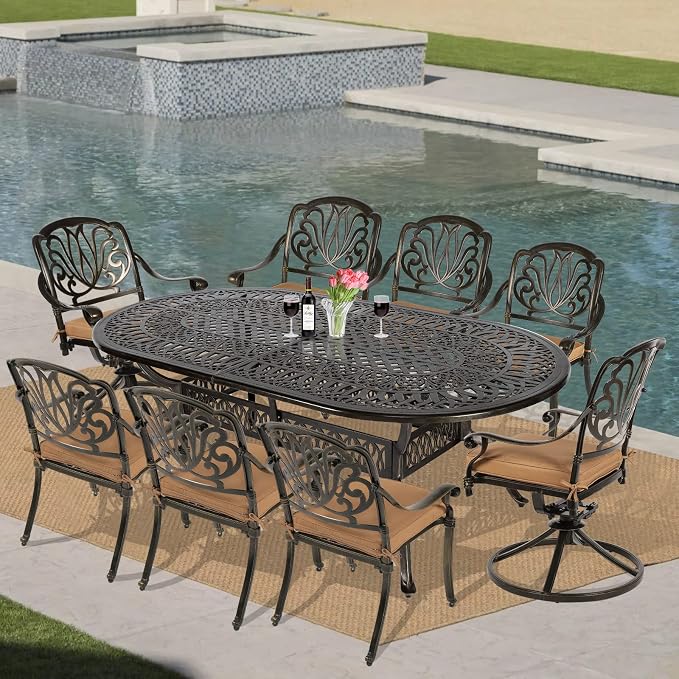 VIVIJASON 9-Piece Outdoor Furniture Dining Set, All-Weather Cast Aluminum Patio Conversation Set, Include 6 Stationary Chairs, 2 Swivel Dining Chairs and an Oval Table with Umbrella Hole