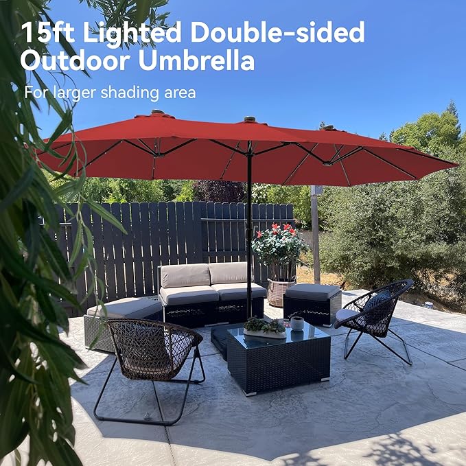 PHI VILLA 15ft Large Patio Umbrellas with 36 LED Solar Lights, Double-Sided Outdoor Market Rectangle Umbrellas, Base (Stand) Included, Dark Red