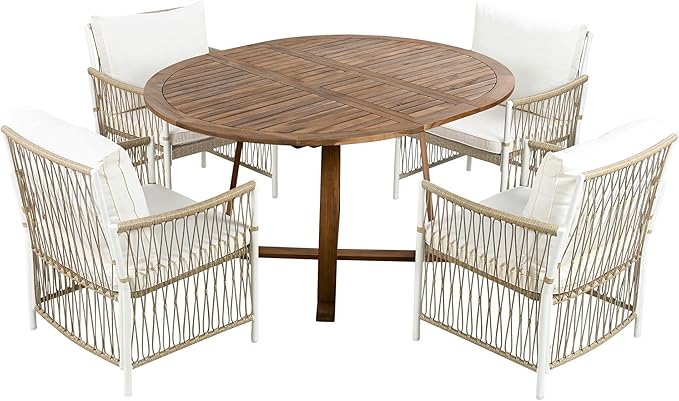 Merax Outdoor Dining Table Set, 5-Piece Outdoor Dining Table Sets with 4 Rattan Arm Chairs Patio Extendable Wooden Foldable Round Kitchen Table Set for Lawn, Deck, Backyard, Natural