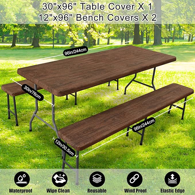 Smiry Picnic Table Cover with Bench Covers, Waterproof Elastic Fitted Tablecloth for 8 Foot Tables, Washable Polyester Tablecloths for Camping, Indoor & Outdoor (Brown, 30x96 Inch 3-pc Set)