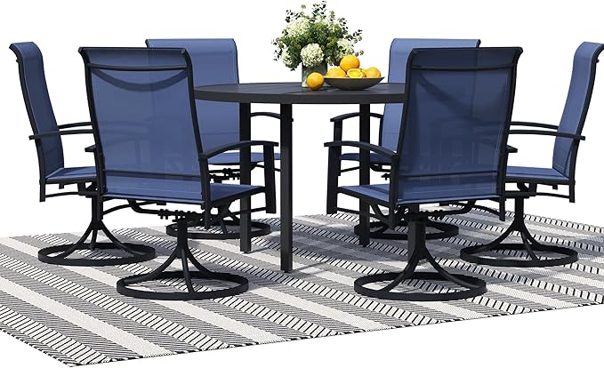 7 Piece Outdoor Patio Dining Set for 6, 47" Black Round Metal Table with 6 Blue Swivel Chairs, All-Weather Outdoor Furniture Set for Backyard, Lawn, Deck, or Poolside