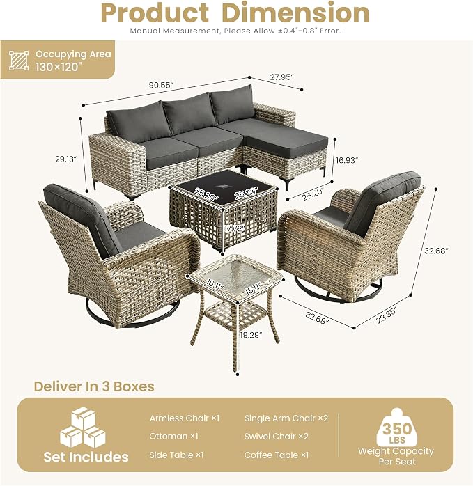 HOOOWOOO 8 Pieces Patio Furniture Set,L Shaped Outdoor Sectional Couch with Swivel Chiars Solar Table, Pe Wicker All Weather Outside Conversation Sofa Ottoman Set,Black