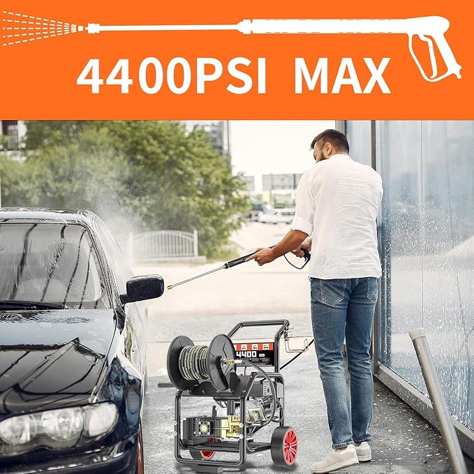 4400PSI Gas Pressure Washer with Hose Reel, One-Button Start 420cc 15HP 4-Cycle Engine, 4.0 GPM Heavy Duty Power Washer with 50FT 3/8" Hose, Spray Gun & Wand, 5 Quick Connect Nozzles