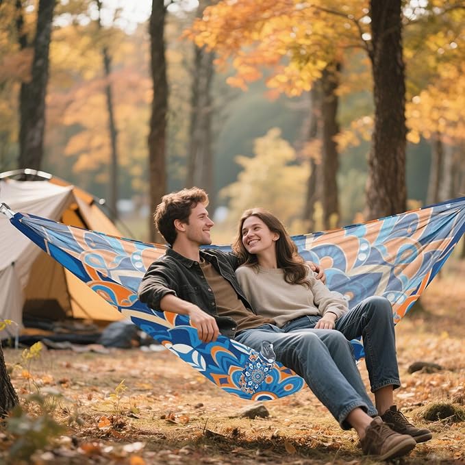 Bohemian Orange-Blue Patterns Outdoor Hammock with Portabl Carry Bag Swing Hammock for Indoor Outdoor Patio