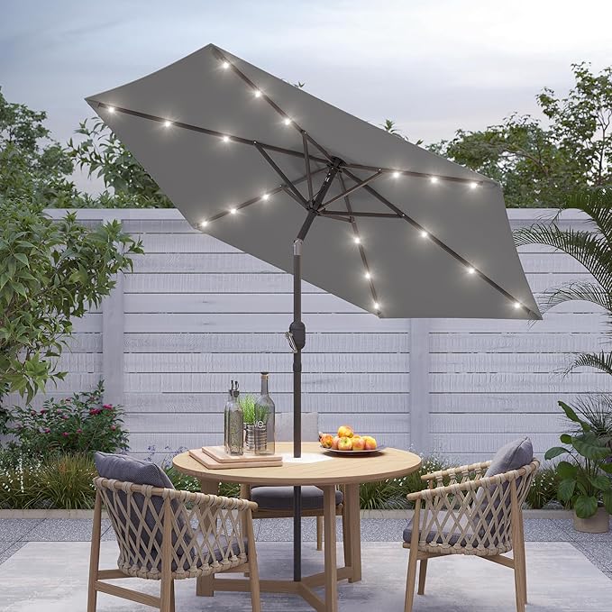 7.5ft Outdoor Umbrella Patio Umbrella with Solar Lights,18 LED Lighted Table Market Outdoor Umbrella, 2-Year-Non-Fading, for Pool, Deck, Garden,Backyard
