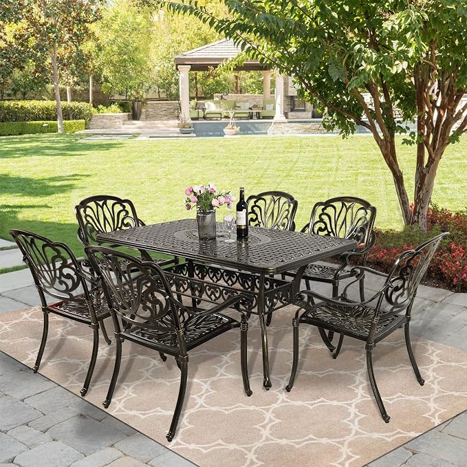 MEETWARM 7-Piece Outdoor Patio Dining Set, All-Weather Cast Aluminum Patio Conversation Set for Backyard Garden Deck with 6 Chairs, 1 Rectangular Table, 2" Umbrella Hole, Dark Bronze