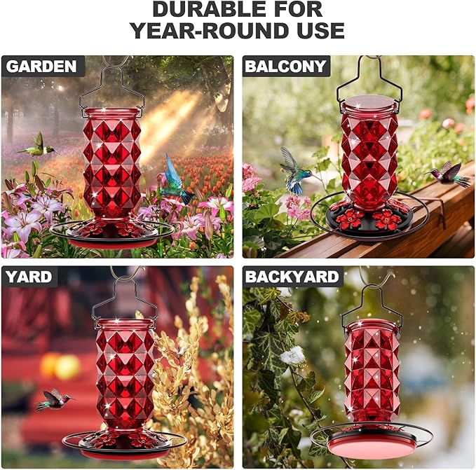 2 Pack Glass Hummingbird Feeders for Outdoors, 25 Ounces Wild Bird Nectar Feeder with Perch & 5 Flower Feeding Ports Leak Proof Hanging for Garden Backyard Decor, Gifts for Women Mom, Red & Pink