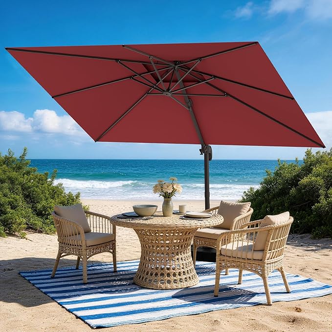 HASLE OUTFITTERS 9x12 FT Patio Cantilever Umbrella with Base, Outdoor Offset Large Rectangular Heavy Duty Double Top Umbrellas with 360° Rotation for Pool Garden Deck,Red