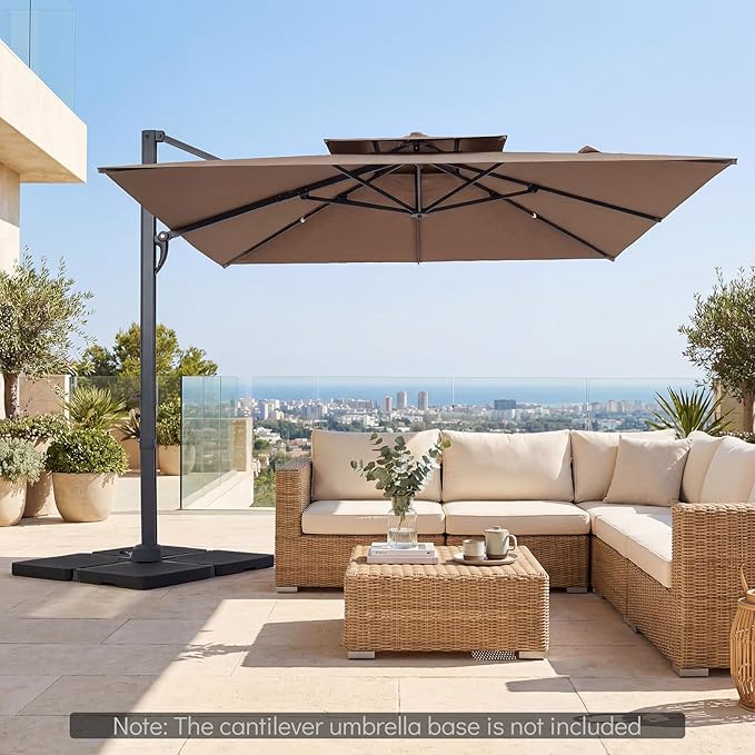 Tangkula 10 FT Patio Cantilever Umbrella, Large Square Offset Hanging Umbrella w/ 360° Rotation, 8 Sturdy Ribs, Air Vent & Cross Base, Heavy-Duty Outdoor Sun Shade for Backyard Pool Garden Deck, Tan