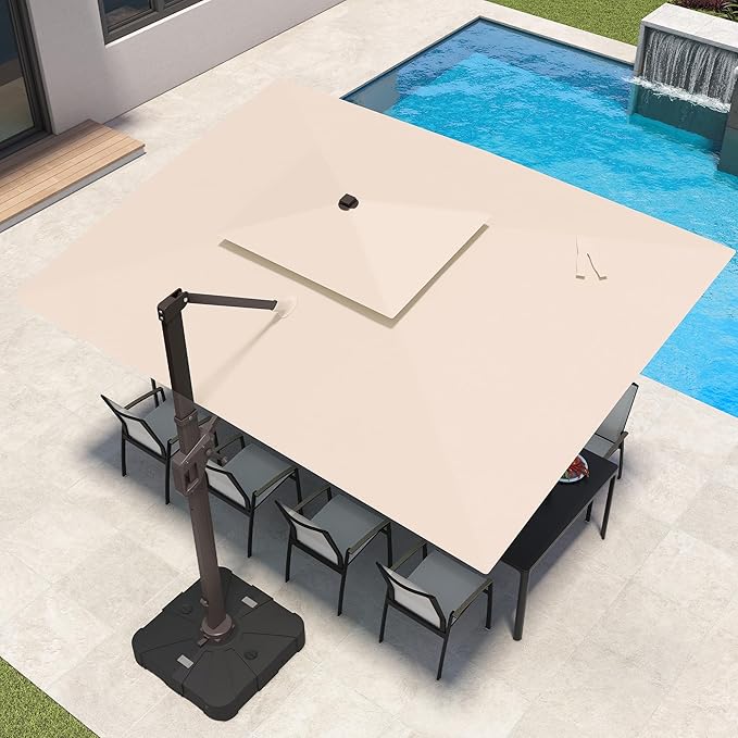 9x12 FT Patio Umbrella with LED Lights Cantilever Outdoor Large Heavy Duty Rectangle Aluminum Offset Umbrellas Double Top 360 Rotation 7 Tilt Adjustment for Pool Deck Garden, Beige