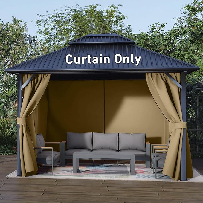 Aoodor 10x12 ft Outdoor Gazebo Curtains, 4 Panels Waterproof Privacy Sidewall Replacement with Zipper for Patio Pergola and Canopy, Khaki