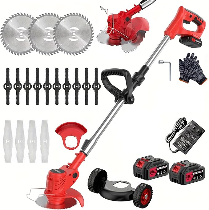 Firenheip Cordless Lawn Mower, Portable Wireless Grass TrimmerWith 2 Large Batteries & 3 Blades, Suitable for All lawns. (Bright Red)