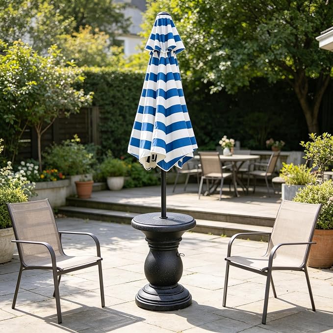 Outdoor Umbrella Side Table, Patio Table with Umbrella Hole for Porch, Concrete Modern Coffee Picnic or Poolside Table, Black