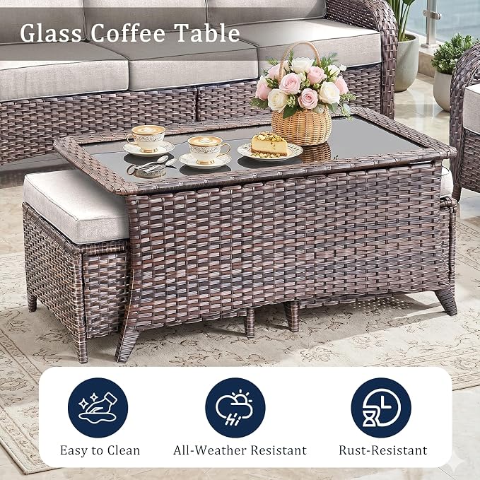 Luxury 6" Thick Cushion 11 Pieces Wicker Patio Furniture Set with High Back Swivel Rocker Chairs of 4, Outdoor Conversation Set with Patio Couch for Deck Porch Yard and Poolside