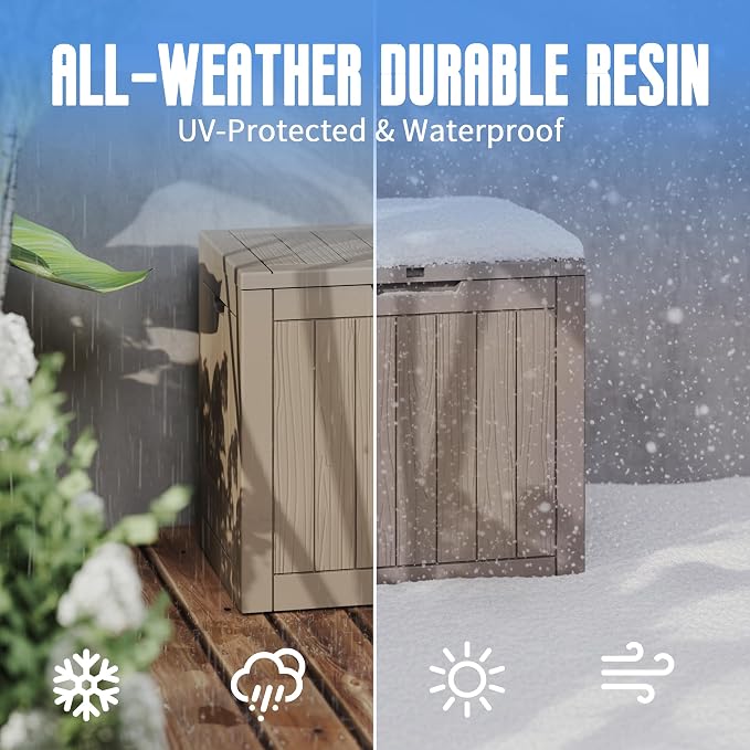 35 Gallon Outdoor Deck Storage Box, All Weather Lockable Storage Container for Backyard, Deck & Pool Side Outdoor Storage (Grey,35GAL)