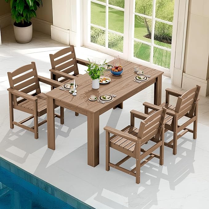 SERWALL Patio Dining Set for 4, Outdoor Dining Sets for 4 Person with 1 Umbrella Hole Cut-Out Rectangular Table and 4 Chairs, HDPE Dining Sets for Garden, Backyard, Poolside, Brown