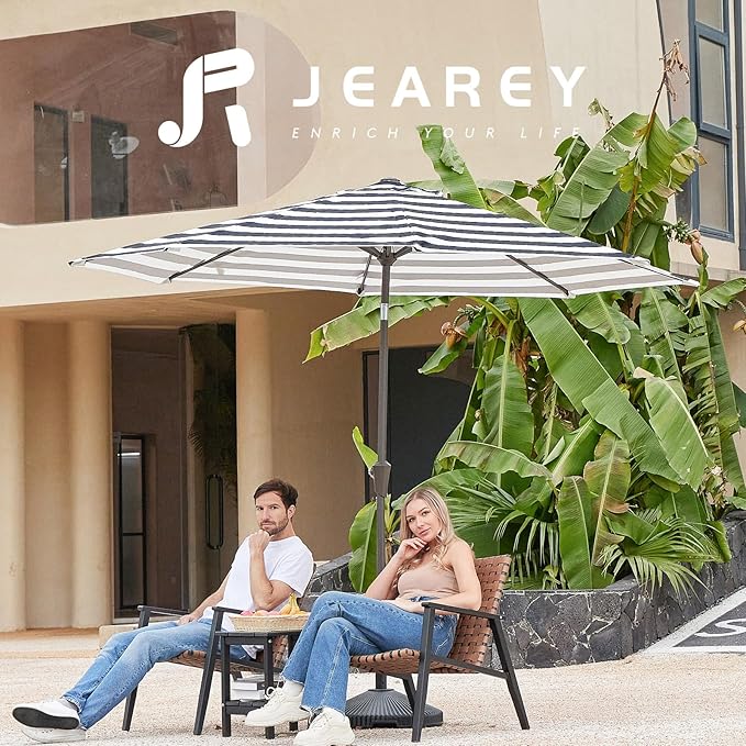 JEAREY 10FT Patio Umbrellas Outdoor Table Umbrella with Push Button Tilt and Crank, Market Umbrella 8 Sturdy Ribs UV Protection Waterproof for Pool, Garden (Black & White Stripe)