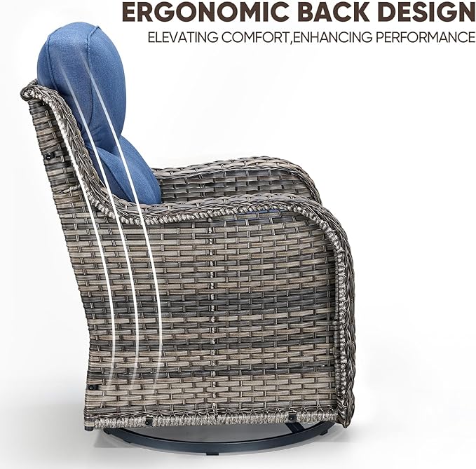 Swivel Patio Chairs sofa Set of 2 with 6" Thick Cushion - Wicker Outdoor Swivel Rocker Patio Chair ,Sofa/Glass coffee table, High Back Comfortable Outdoor Glider Chairs - Grey Wicker | Blue Cushions
