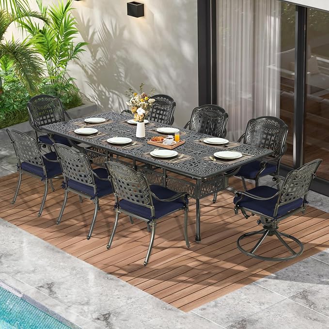 MEETWARM 9-Piece Outdoor Patio Dining Set for 8, All Weather Cast Aluminum Patio Funiture Table and Chairs Set- 94.5” Rectangular Table and 2 Swivel Rocker Chairs, 6 Stationary for Garden, Navy Blue