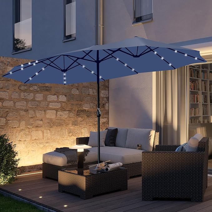 15ft Double Sided Patio Umbrella with Solar Lights, Outdoor Large Umbrellas with Crank Handle and 36 LED Lights, Rectangular Market Umbrella with Base Included for Deck Pool Shade (With Base)