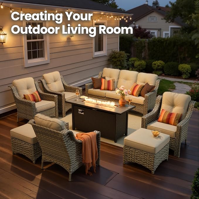 8 Piece Patio Furniture Set with Fire Pit Table, All Weather Wicker High Back Sofa Chairs Ottoman with Thick Cushion, Outdoor Conversation Sets for Large Backyard Deck Garden, Beige