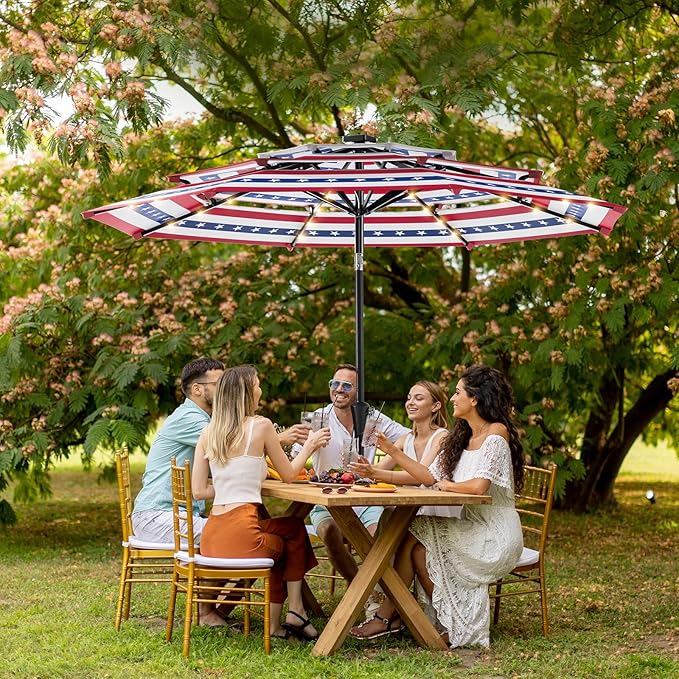 HOMSHADE 9FT 3-Tier Solar Patio Umbrella Heavy Duty, Vented Market Table Umbrella Windproof w/32 LED Lights, UPF50+, 5-Year Fade Resistant, for Pool, Lawn, Garden, Deck (No Base)