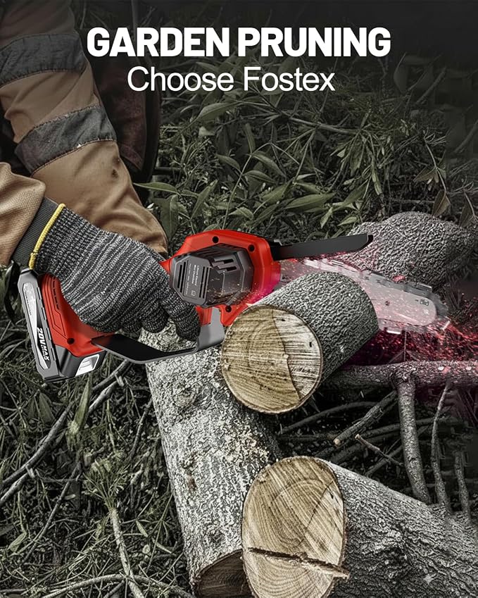 Fostex Mini Chainsaw Cordless, 6 Inch Handheld Electric Chain Saw, 2×2 Ah Batteries & 2 Chains, Lightweight Small Tree Trimmer for Wood Cutting, Yard & Garden, Ideal Gift for Dad, Men & Women (Red)