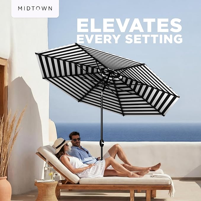 Midtown Umbrellas – The Lean 9 Ft Patio Umbrella with 10-Year-No-Fade Acrylast Acrylic Fabric, Auto-Tilt and 8 Reinforced Ribs for Deck, Pool, Garden, Hotel & Cafes – Urban Stripes Canopy, Black Pole
