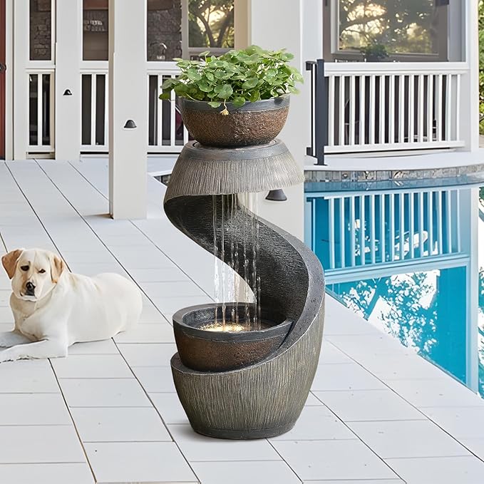 Outdoor Water Fountain with LED Lights, 31.9" Modern Resin Waterfall Fountain Outdoor, S-Shaped Garden Water Feature for Yard, Balcony, Home Decor, Patio Fountian and Waterfalls, Grey