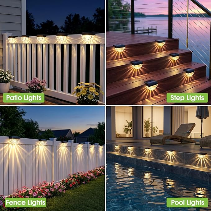 Greluna Solar Fence Lights Outdoor, 12 Pack Waterproof Deck Lights, Auto Dusk to Dawn Step Lights with Warm White Glow, Easy Install for Fence, Patio, Stairs, Pathway, Garden Lighting