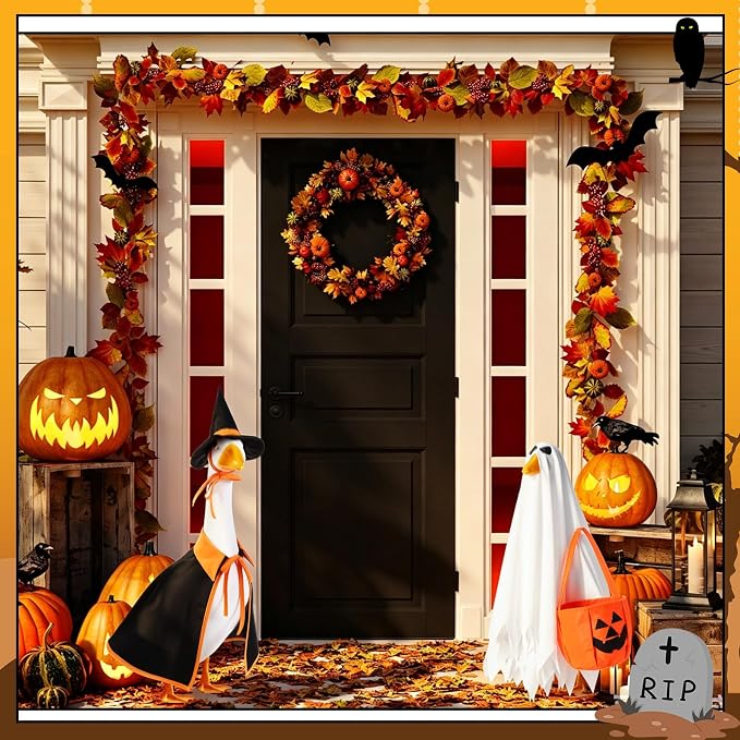 2 Set Halloween Goose Outfit Lawn Porch Goose Cloths Plastic Clothing Fall Halloween Outfit for 17 Inches Outdoor Patio Yard Lawn Art Decoration (Ghost, Witch)