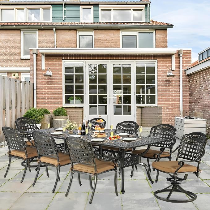 9-Piece Patio Cast Aluminum Dining Set, Outdoor Table and Chairs Set for 8, Includes 94.5" Rectangular Dining Table, 6 Stationary, 2 Swivel Dining Chairs with Umbrella Hole, Tan