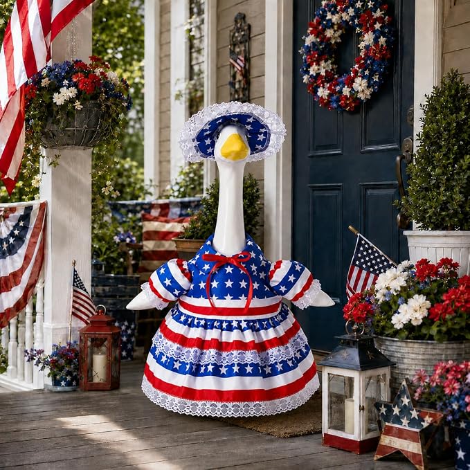 4th of July Porch Goose Outfit for 23 Inch Goose Statue, Patriotic Red White and Blue Porch Goose Dress with Lace Bonnet, Summer Sculpture Clothes for Independence Day Garden Patio Decor