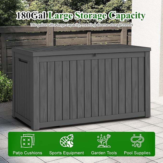 FEFLO 180 Gallon Waterproof Resin Deck Box, Heavy-Duty Outdoor Storage Box | Lockable Lid & UV-Resistant Patio Storage Chest for Garden Tools, Pool Accessories, Package Delivery, Toys, Furniture