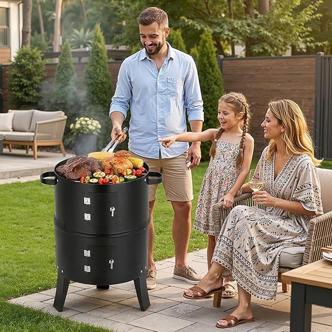 ROVSUN Upgraded 18 Inch Multi-Layer Charcoal Smoker Grill with Chimney, Heavy Duty Round Grill, Vertical Smoker with Thermometer, for Outdoor Cooking, Patio, Parties, Backyard BBQ