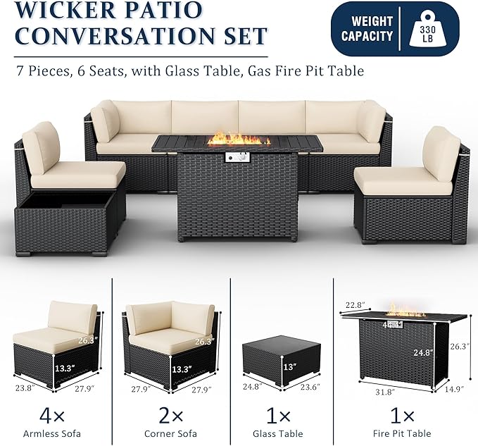 8 Pieces Outdoor Patio Furniture Set with 44" Fire Pit Table Black Rattan Sectional Conversation Sets w/Gas Fire Pit, Coffee Table, 1 Waterproof Covers, Khaki