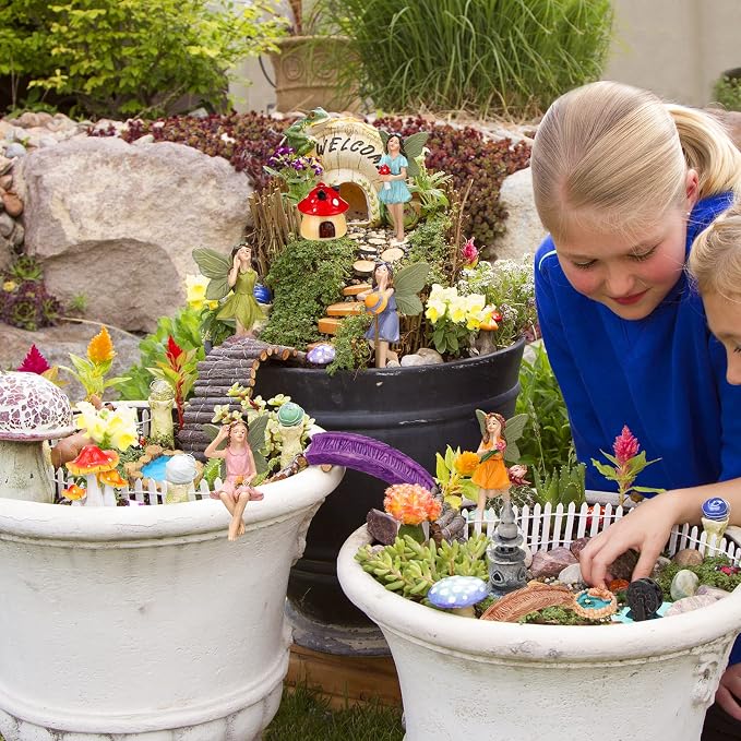 Unittype 19 Pcs Fairy Garden Accessories Outdoor Miniature Flower Fairy Figurines Bridge Mushroom Lighthouse Water Well Pond Garden Decorations