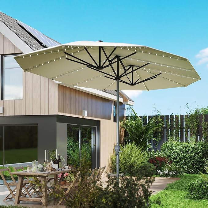 Outsunny 15ft Extra Large Patio Umbrella with Bright Solar Lights, Aluminum UPF50+ Double-Sided Outdoor Table Market Umbrella with Fiberglass Ribs Crank Air Vents for Backyard Deck Pool