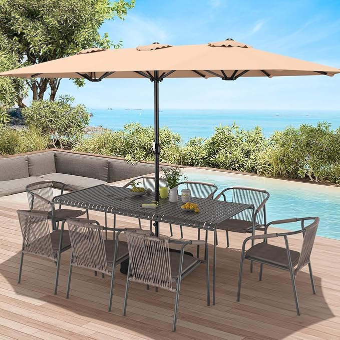 ONBRILL 15ft Patio Umbrella with Base Included, Extra Large Shade Area, Double Sided Rectangle with Crank Handle for Poolside, Garden, Yard, Beige