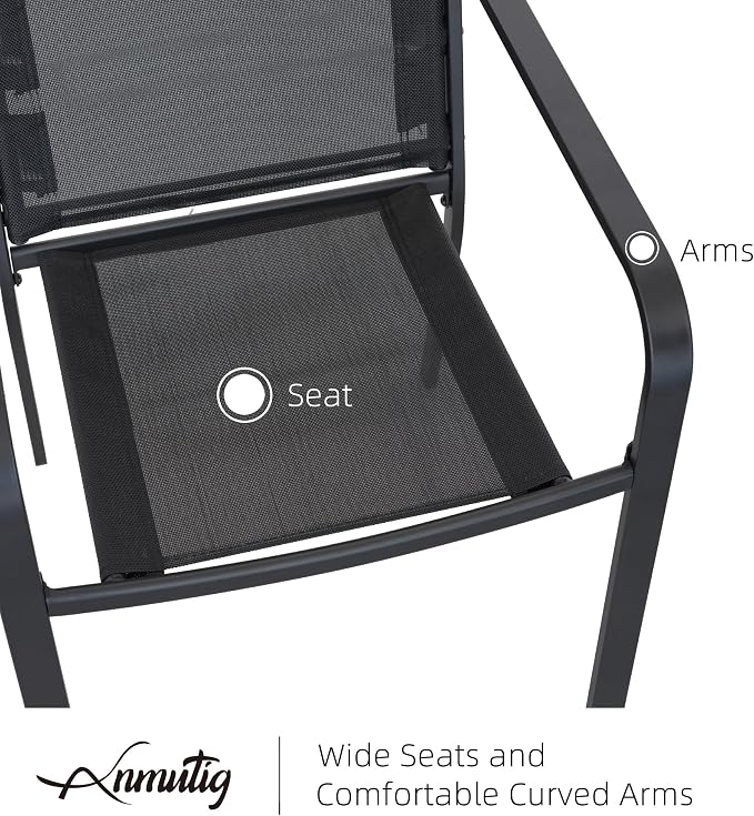 Outdoor 37" PVC Square Patio Table and Black Stackable Chairs 5 Piece | Stackable Chairs, Square Table, Table and Chair with Metal Frame, Pvc Table Top, All Weather, Textilene fabric Seat and Back