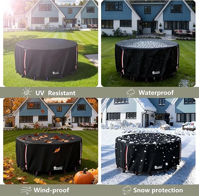 Round Patio Furniture Covers,600D Heavy Duty Waterproof Outdoor Furniture Cover for Round Dining Table with Rocking Swivel Chairs Set,72" Dia x 28" H Black
