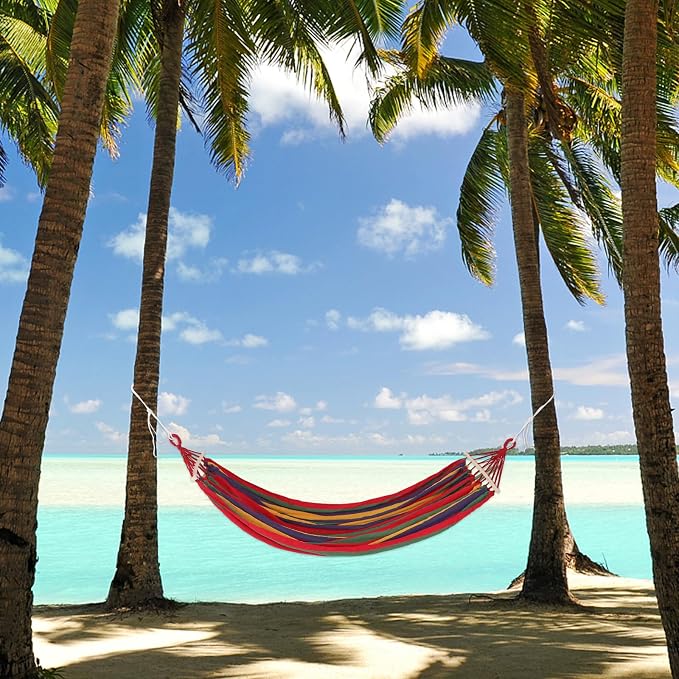 Artibetter Double Outdoor Hammock with Anti-tip Design, Wide Striped Canvas Fabric, Red Duckbill Buckle, 2-Person Capacity for Camping, Backyard, Travel, and Indoor Use