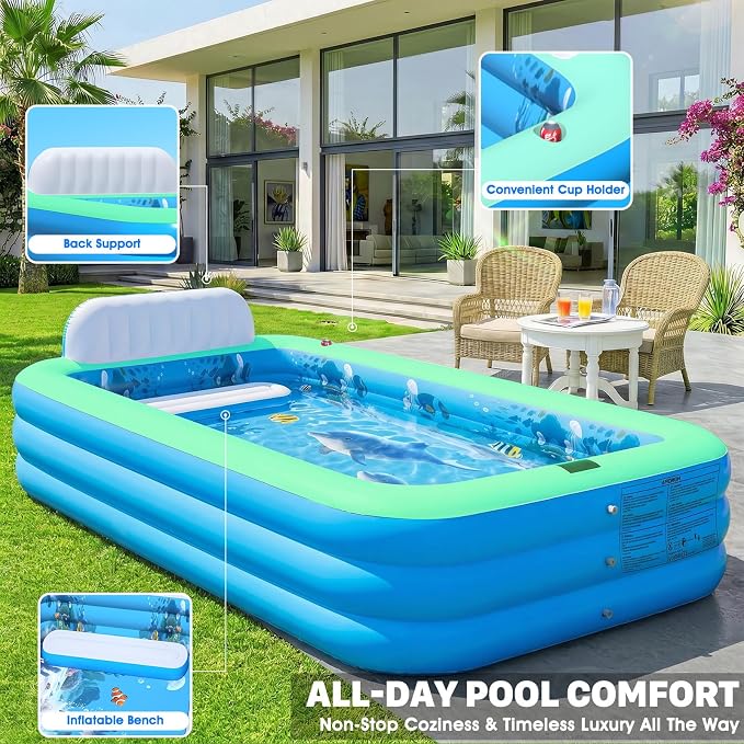 Extra Large Inflatable Pool With Lights,Upgraded Solar Powered Blow Up Pool For Adults,Inflatable Kids Swimming Pool with Seat& Backrest,Big Inflatable Kids Pool For Backyard,120x73x20IN-Green