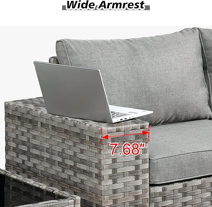 HOOOWOOO Outdoor Patio Sectional Furniture Sofa Set with Propane Gas Fire Pit Table,7 Piece Small Modern Wicker Couch with Widened Armrest,Modular Conversation Seating Set for Out Door(Dark Grey)