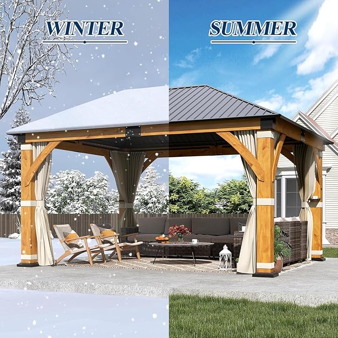 COVERONICS 13FT x 15FT Outdoor Spruce Wood Gazebo - Patio Wooden Frame Gazebo with Galvanized Steel Roof, Heavy-Duty Hardtop Gazebos with Netting & Curtains for Garden, Poolside, Deck, Backyard