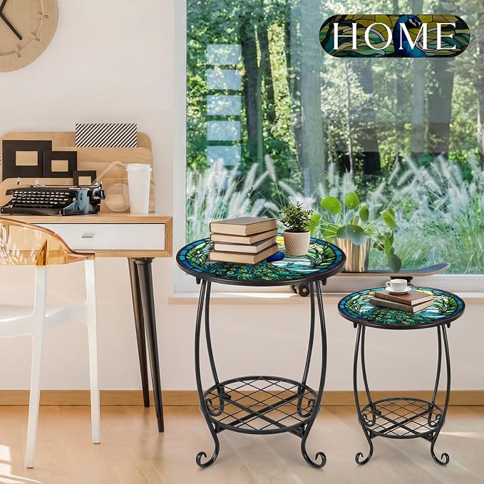 Cinnvoice 2 Pcs Outdoor Side Table Small Patio Round Mosaic Accent End Table Indoor Plant Metal Coffee Tea Tables for Patio Yard Porch Garden Living Room(12" and 16",Peacock Style)