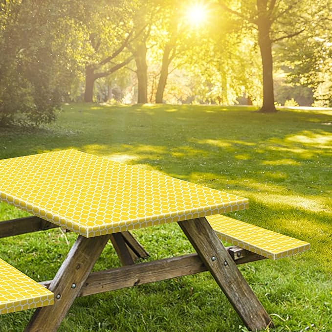 KENOBEE 8ft Picnic Table and Bench Cover, Camping Essentials RV Gear, 96 in Waterproof Windproof Outdoor Elastic All Around Tablecloth, Fitted Rectangle Tables and Seats, Yellow-White Moroccan