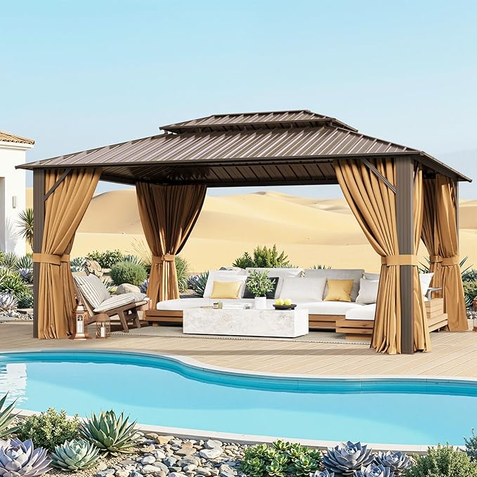 12x16FT Hardtop Gazebo, Metal Frame with Double Galvanized Steel Roof, Permanent Outdoor Pergola with Curtains and Netting Included for Backyard, Patio, Lawn and Garden, Brown