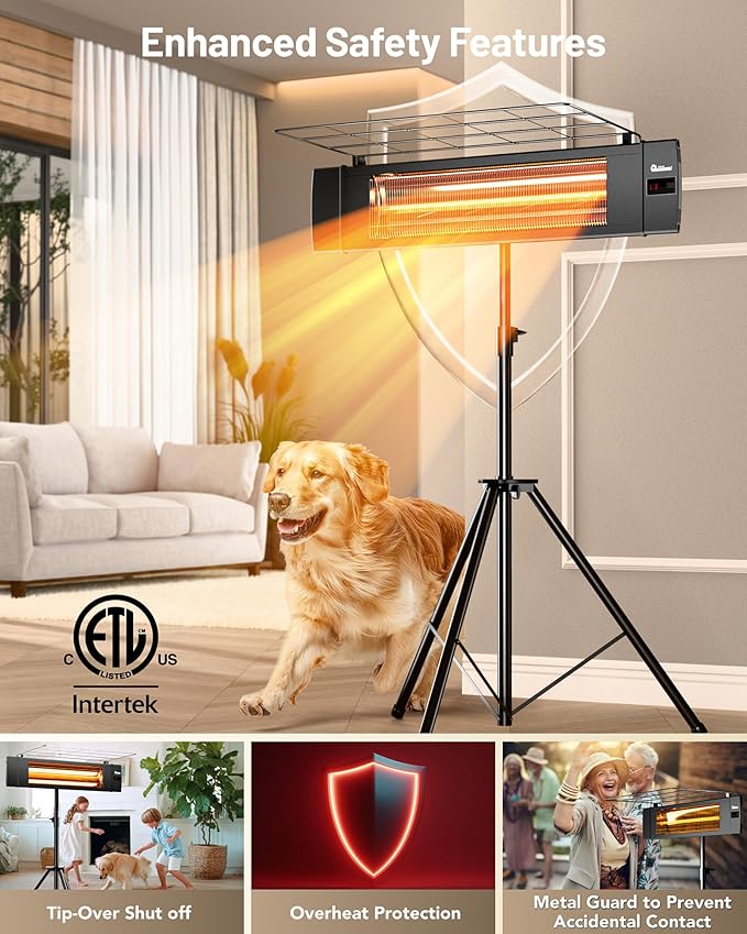 DR. INFRARED HEATER Carbon Infrared Patio Heater with Tripod, Remote Control, Optional On/Off Tip-Over Protection, Freestanding or Wall-Mounted, Black