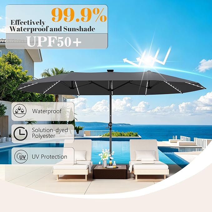 GDPFN 15ft Rectangular Patio Umbrella with Solar LED Lights, Double-Sided Outdoor Market Umbrella Extra Large Shade for Pool, Deck, Backyard, Garden, Dark Gray (Base Not Include)